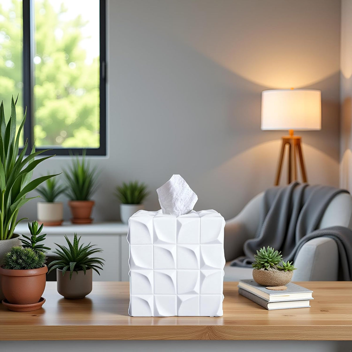Square Tissue Box Cover Decorative Kleenex Box Holder for Bathroom & Living Room with Handcrafted Texture (White)