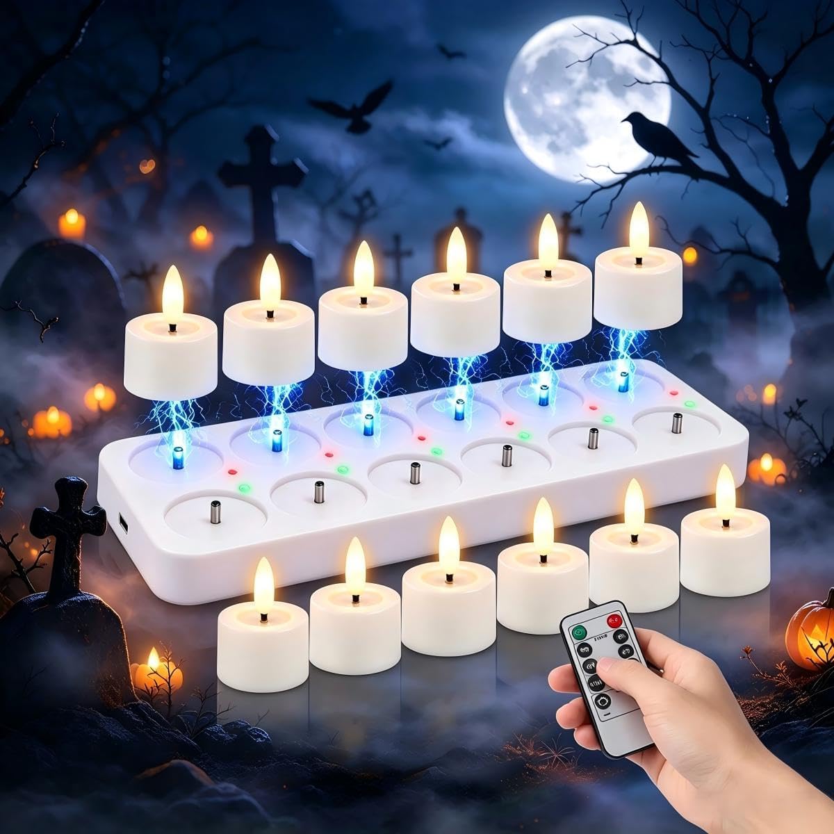 Rechargeable Flameless Tea Lights Candles with Charging Station,LED Tealight Candles Battery Operated, 3D Flameles Flickering Realistic for Halloween Christmas Wedding Decor,12 Pack,1.5"x 2"