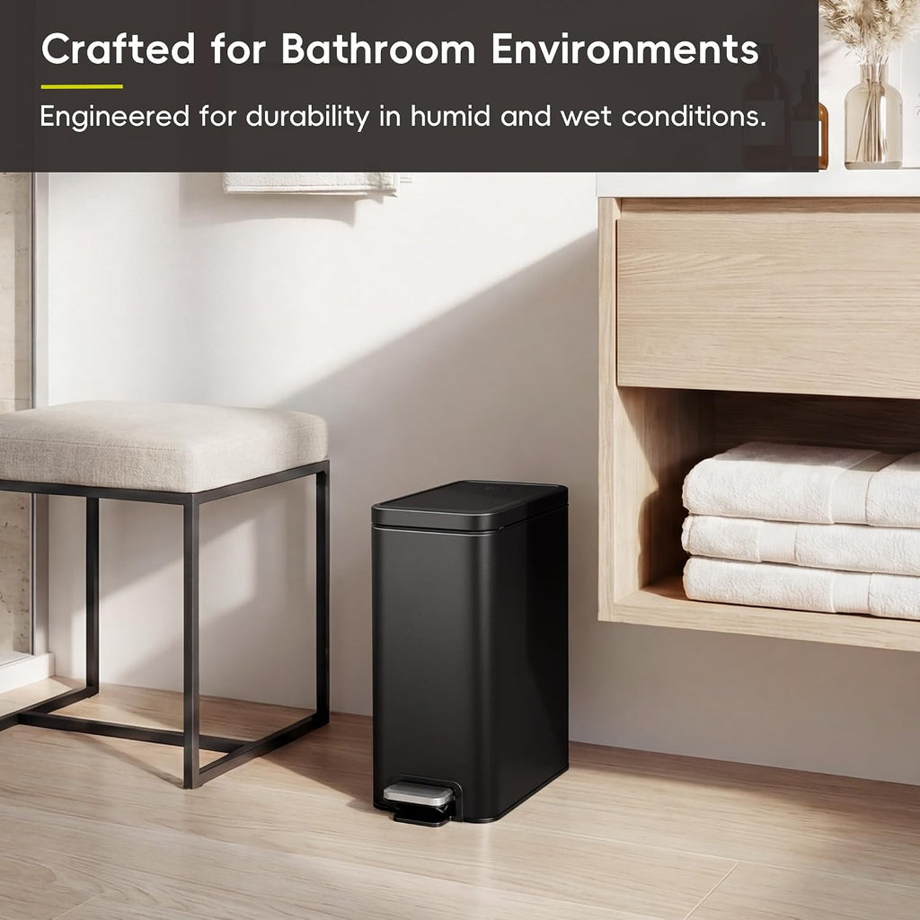 EKO Small Bathroom Trash Can with Lid Soft Close, Step Pedal, 10 Liter / 2.6 Gallon Stainless Steel Garbage Can with Removable Inner Bucket, Anti-Fingerprint Finish (Matte Black)