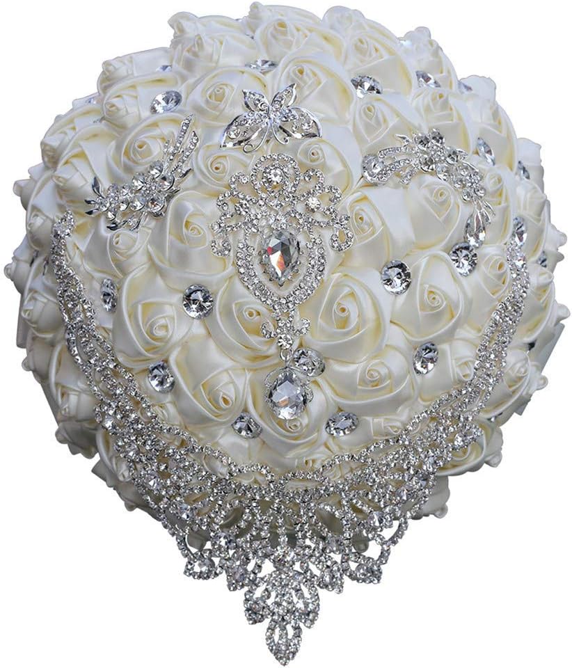 Handmade Luxury Wedding Bridal Bouquet Large Silk Rose Holding Toss Artificial Flowers Bouquets with Satin Ribbon Pearls Rhinestone for Bride Vintage Royal Wedding Bouquet Decor(Ivory)