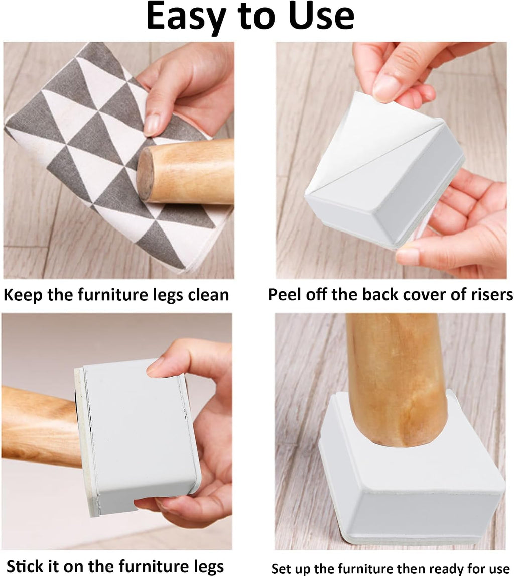4PCS 2Inch Self-Adhesive Square Furniture Riser, White Carbon Steel Bed Table Sofa Lift Riser, Heavy Duty Couch Cabinet Riser, Adds 2Inch Height with Felt Pad