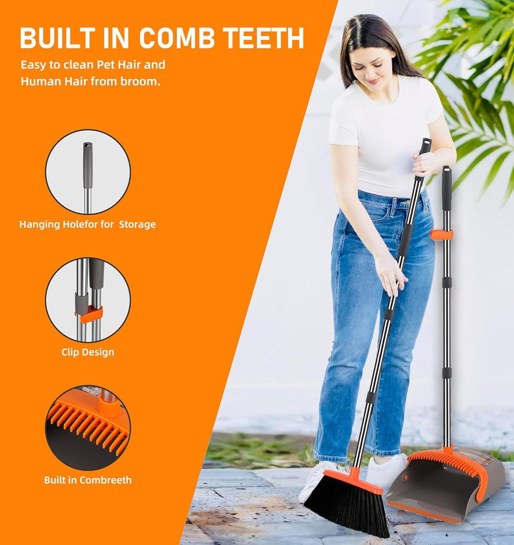 2 Pack is More economical,Upgraded Broom and Dustpan,with 52" Long Handle, Dustpan Teeth with self-Cleaning Function, Indoor and Outdoor Sweeping, Perfect for Home Office (Large Size/Orange /2-Pack)