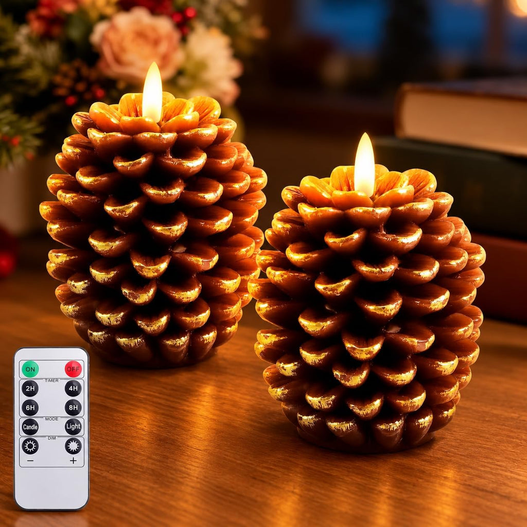 Verdenu 2 Pack Flameless Pine Cone Candles with Remote Timer