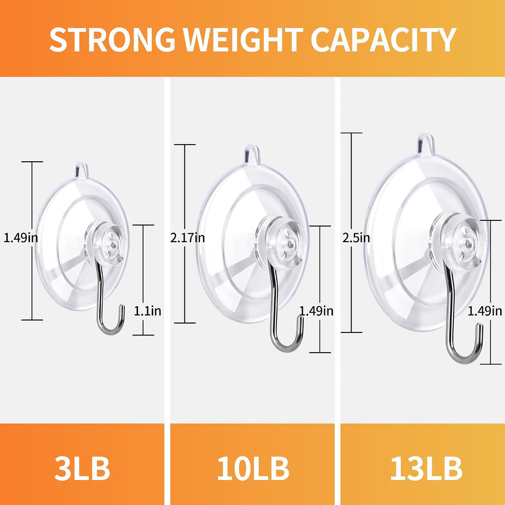 KORCCI Suction Cup Hooks 16Pack Assorted Size- 6 Small 8 Medium 2 Large, Clear Suction Cup, Stainless Steel Hook, No Trace, Reusable & Removable, for Tile, Glass, Window, Shower, Kitchen, Bathroom