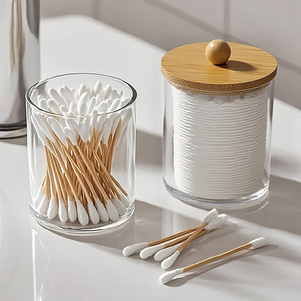 Bathroom Counter Organizer & Qtip Holder - 2-Piece 10oz Clear Plastic Apothecary Jar With Bamboo Lid, Cotton Swab Dispenser For Vanity Stuff, Hair Tie Storage & Boho Accessories