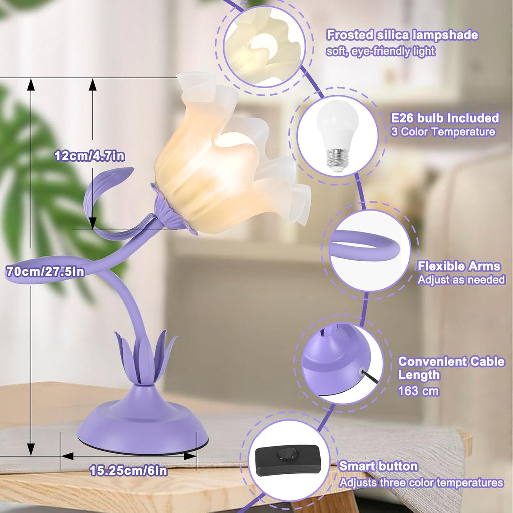 Flower Desk Lamp, LED Reading Light Flower Table Lamp, 3 Colors Flower Lamp for Girls Bedroom, Adjustable Flexible Nightstand Lamps, Bedside Table Lamp for Bedroom, Living Room, Home Decor (Purple)