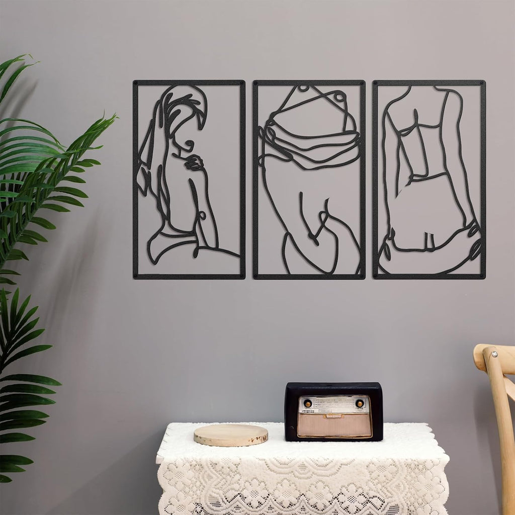 Peryiter 3 Pcs Modern Minimalist Wall Decor Abstract Metal Wall Art Metal Line Art Woman Body Artwork for Bedroom Bathroom Living Room(Black)