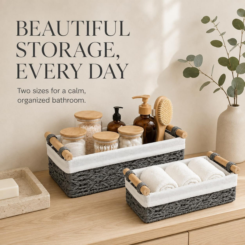 Gray Bathroom Baskets Set of 2, Paper Rope, Wood Handles