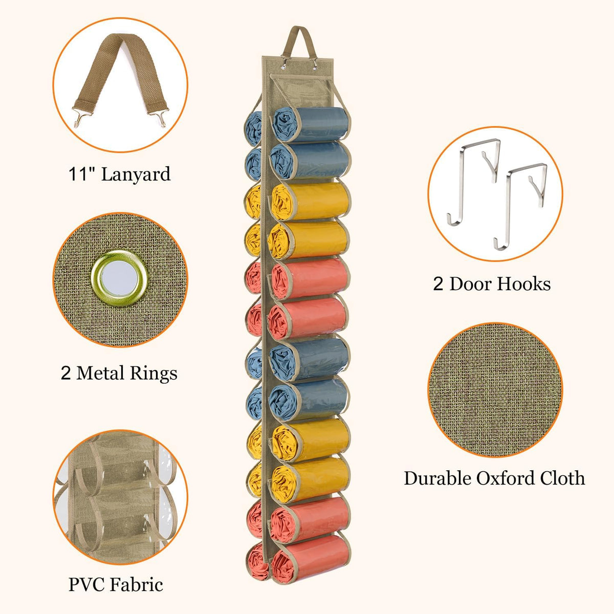 Lirex Scarf Storage Organizer with 24 Pockets, Yoga Legging Storage Organizer for Family Closet Bedroom, Light Coffee