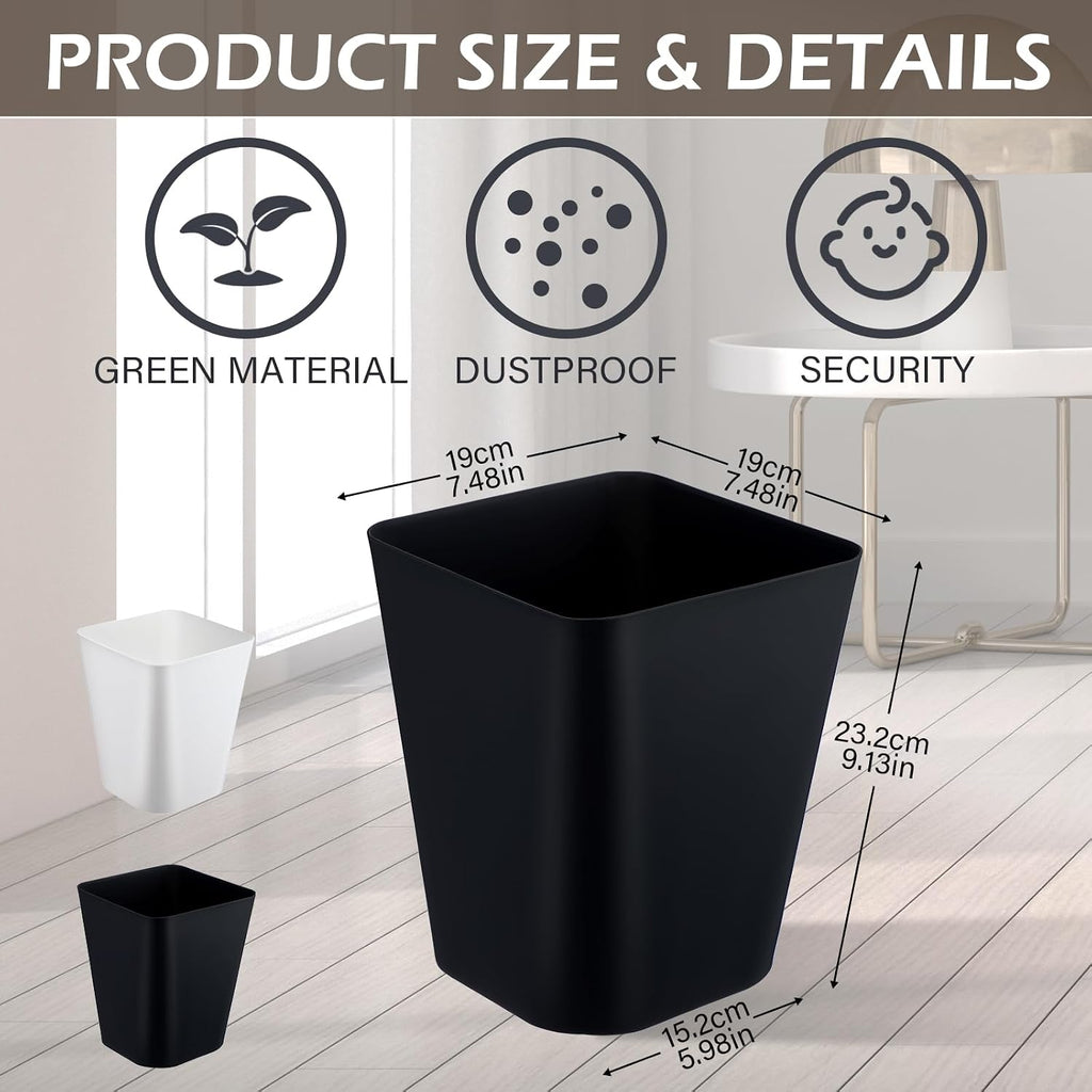 Hoolerry 9 Pieces Garbage Can 2 Gallon Small Trash Cans Bulk Bathroom Trash Bin Plastic Wastebasket Square for Bedroom Slim Bathroom Trashcan Small Container for Kitchen Office Home (Black,White)