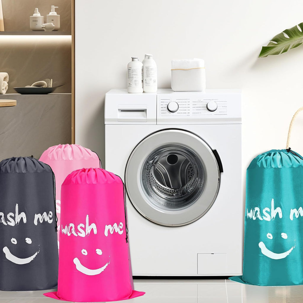 4 Piece Drawstring Travel Laundry Bag, Large Laundry Bag, Men's and Women's Dirty Laundry Travel and Gym Bag, Waterproof Wetproof Bag，Smiley Face