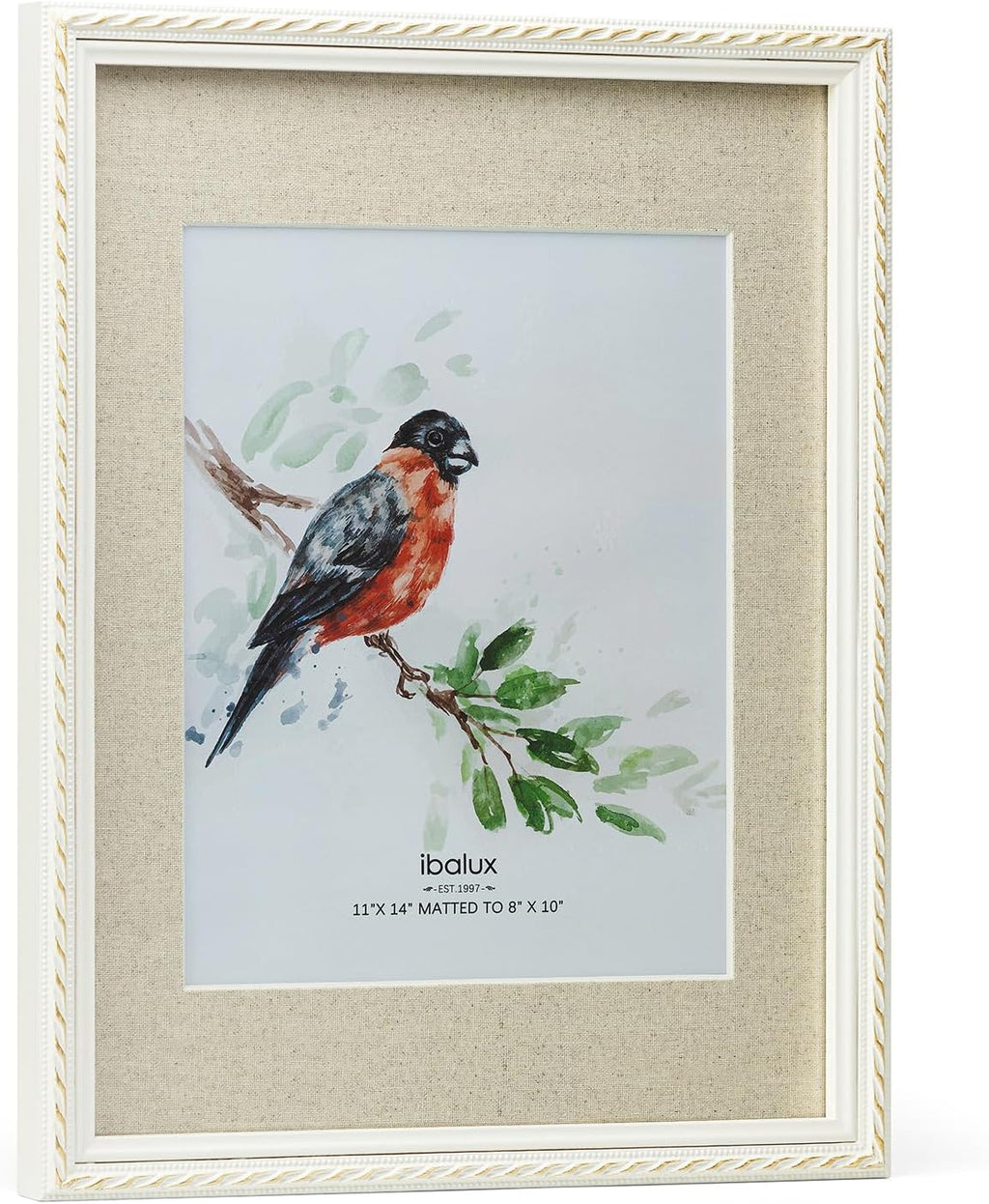 11x14 Picture Frame Pine Wood with Real Glass, Gold-Toned Synthetic Rope Edging, Linen Matted to 8x10, Vertical and Horizontal for Wall Hanging, White