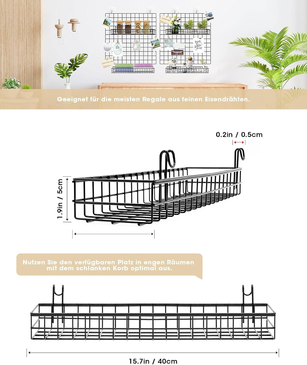 ANZOME Wire Wall Basket, Grid Basket with Hooks, Wall Mounted Organizer for Wall Grid, Kitchen Organizer, Wire Storage Shelf Rack for Home Supplies, Wall Decoration(Black)