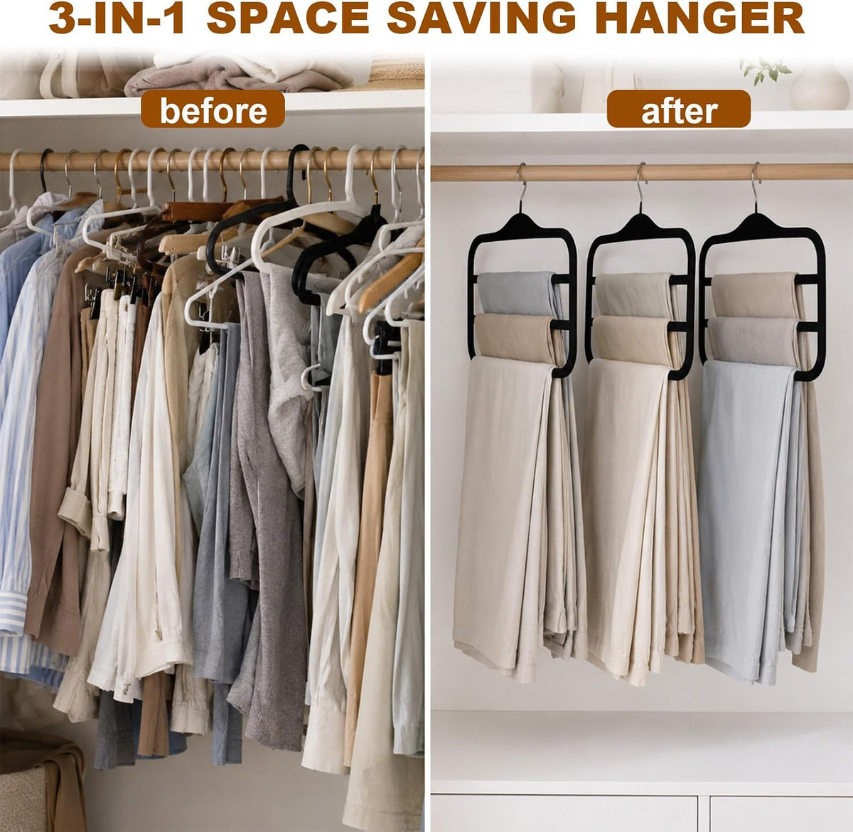 Pants Hangers Space Saving,5 Pack, Velvet Pant Hangers Non Slip 3 Tier, Dorm Room Essentials for College Students,Pants,Scarf,Towel, Jeans Closet Organizer and Storage(Black)