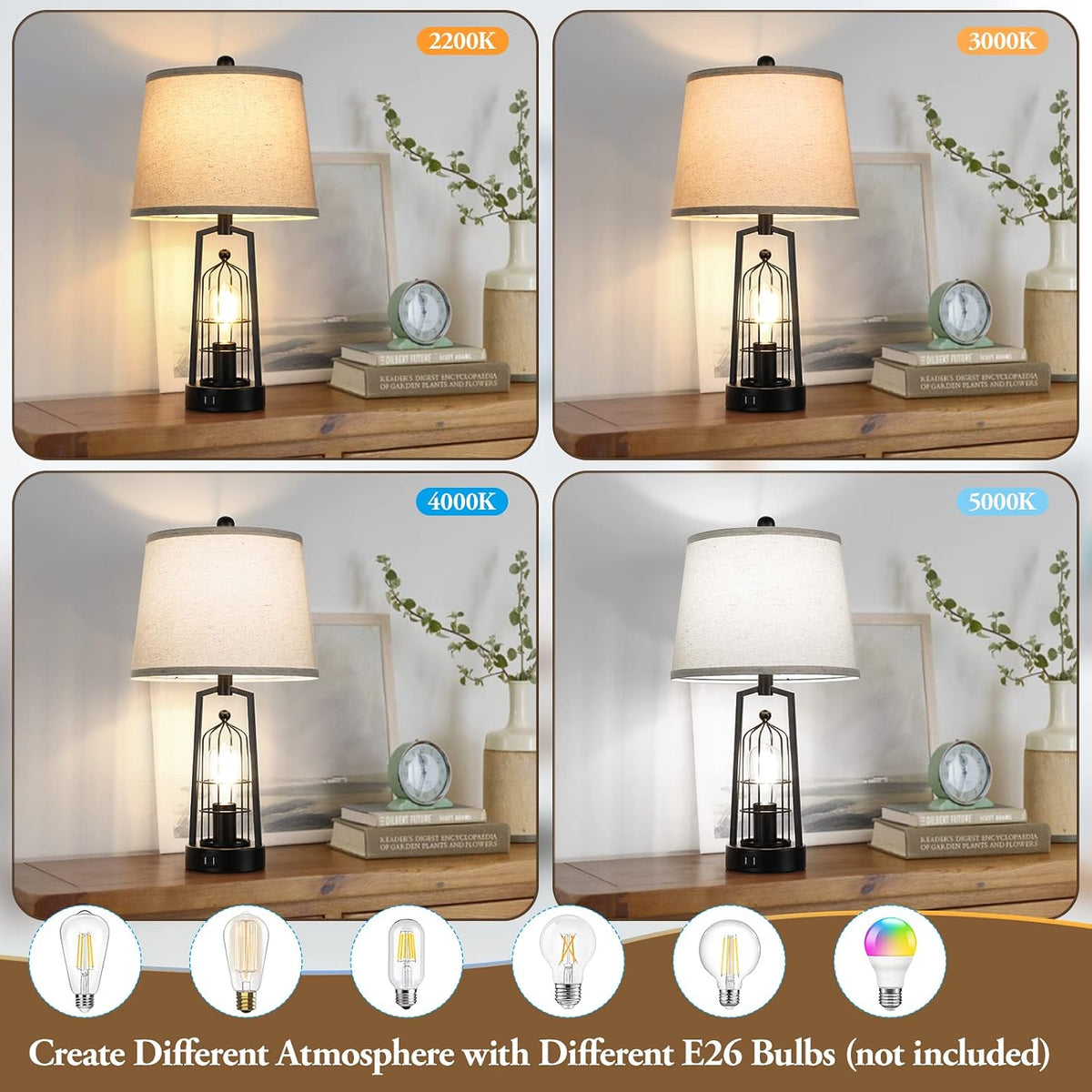 Farmhouse Table Lamps with 2 USB Ports, Set of 2 Rustic Industrial Desk Lamp for Living Room, 2-Light Black Bedside Lamp, Bedroom Nightstand Lamp with Beige Lampshade for House Decor, Reading