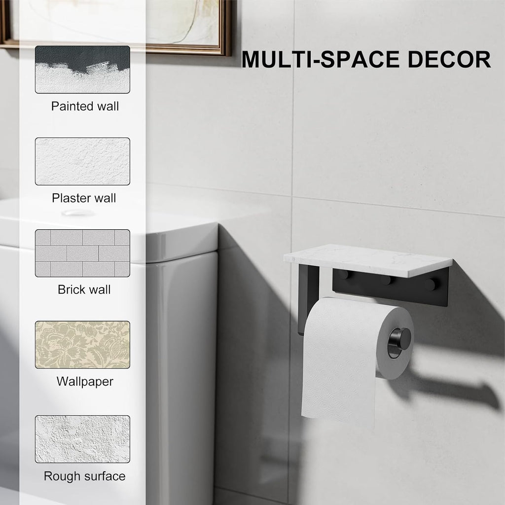 Matte Black Toilet Paper Holder with Marble Shelf Tissue Roll Holder