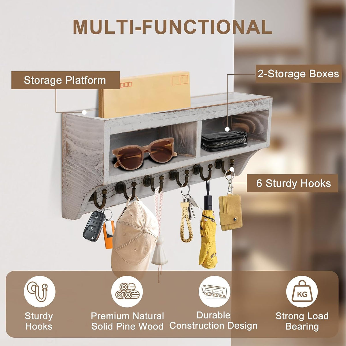 Key Holder Wall Mount with Mail Organizer, 6 Hooks & Shelf, White