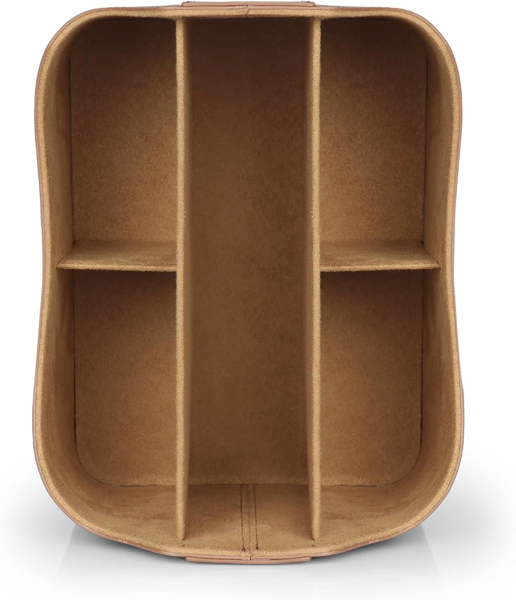 Londo PU Vegan Leather Desk Organizer Cube with Tablet Slot, Nightstand Caddy & Couch Organizer — 4 Remote Pockets + iPad/Kindle Slot, Makeup Brush Holder, Suede Lined, 8 x 6.1 x 6.1 in, Light Brown