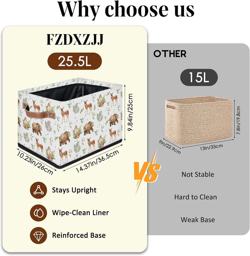 Rectangular Kids Bear Storage Basket Bins - Waterproof Foldable Woodland Animals Storage Box with Sturdy Metal Frame and Handles, Collapsible Organizer for Toys, Blankets in Kids Room Playroom Nursery