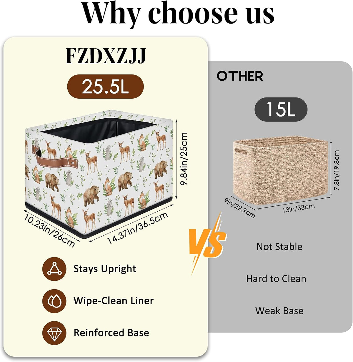 Rectangular Kids Bear Storage Basket Bins - Waterproof Foldable Woodland Animals Storage Box with Sturdy Metal Frame and Handles, Collapsible Organizer for Toys, Blankets in Kids Room Playroom Nursery
