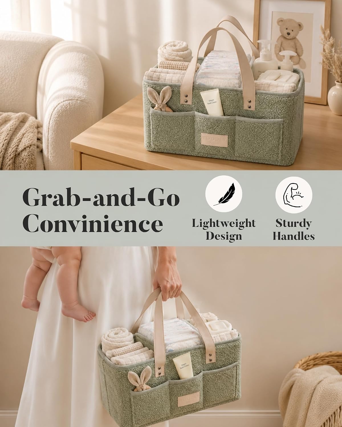 Baby Diaper Caddy Organizer with Portable Changing Mat - Teddy Fleece Diaper Organizer for Changing Table - Basket for Changing Essentials - Baby Essentials Organizer with Removable Dividers