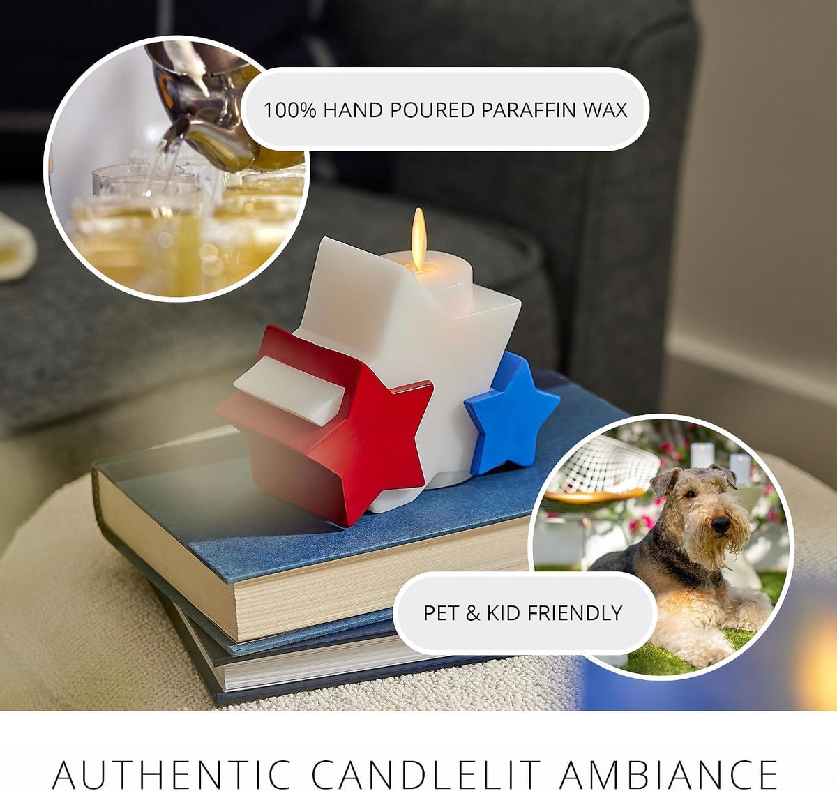 Luminara Flameless LED Bright White Liberty Stars Candle - Patriotic Battery Operated Home Decor w/Real Moving Flame Unscented Wax - Americana Decor
