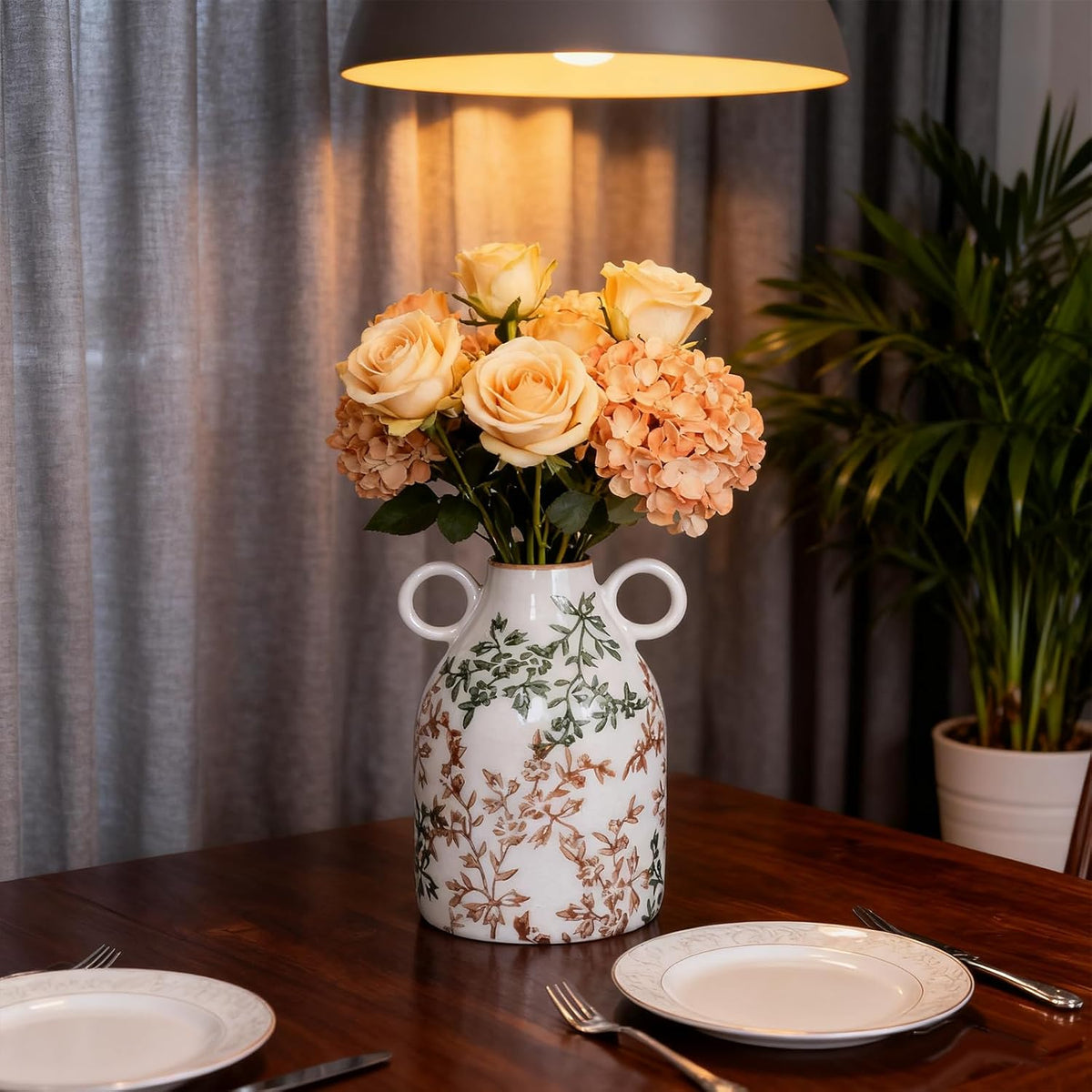 Green Floral Ceramic Vase with Handle, Nordic Boho Small Vases Side Table Flower Centerpiece, Wide Mouth Single Flower Vase Pampas Grass Decorative - for Home Window Sill Living Dining Room Kitchen