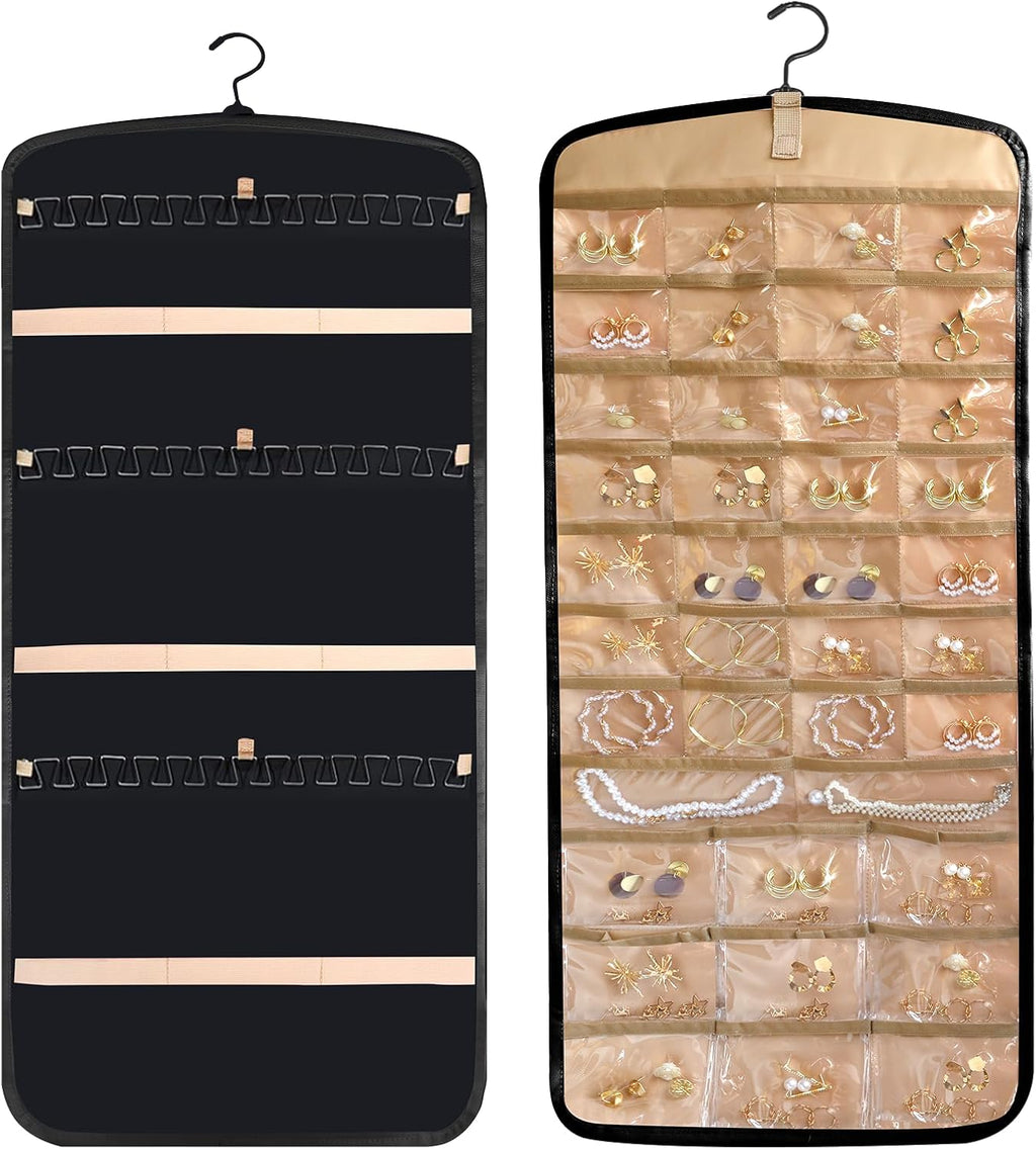 Hanging Jewelry Organizer Doubled-sided with Pockets & Hooks for Rings, Earrings, Necklaces, Hair Accessories Storage Roll, Closet Earring Holder Organizer for Wall, Door, Travel, 1 PCS, Black