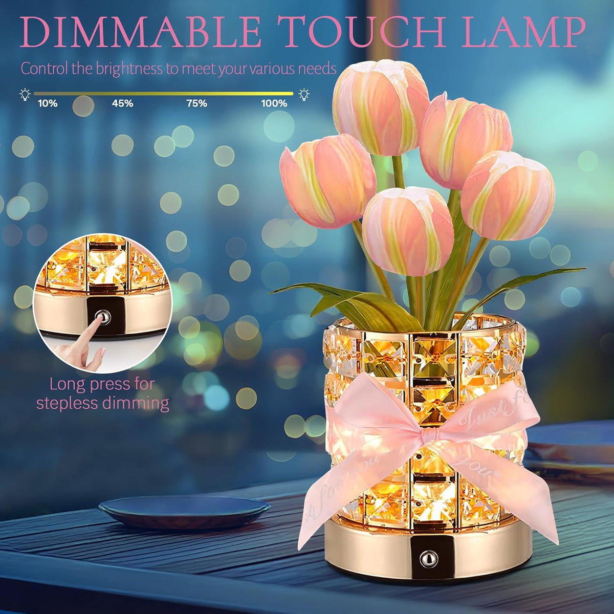 Tulip Flower Lamps, Rechargeable Cordless Small Desk Lamp, 3 Colors Dimmable Artificial Flowers Night Light, Fake Bouquet 5 Tulip with Crystal Vase for Home Date Party Decoration (Tulip-Pink)