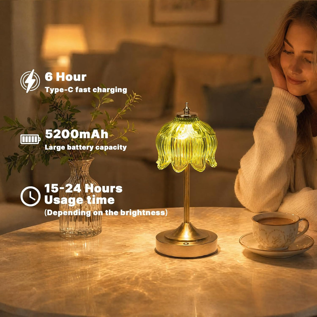 Lotus Flower Lamp Cordless Rechargeable Table Lamp 5200mAh Battery Operated Portable Desk Lamp 3 Color Modes Touch Control Stepless Dimmable for Nightstand Bedroom Desk Office Kitchen