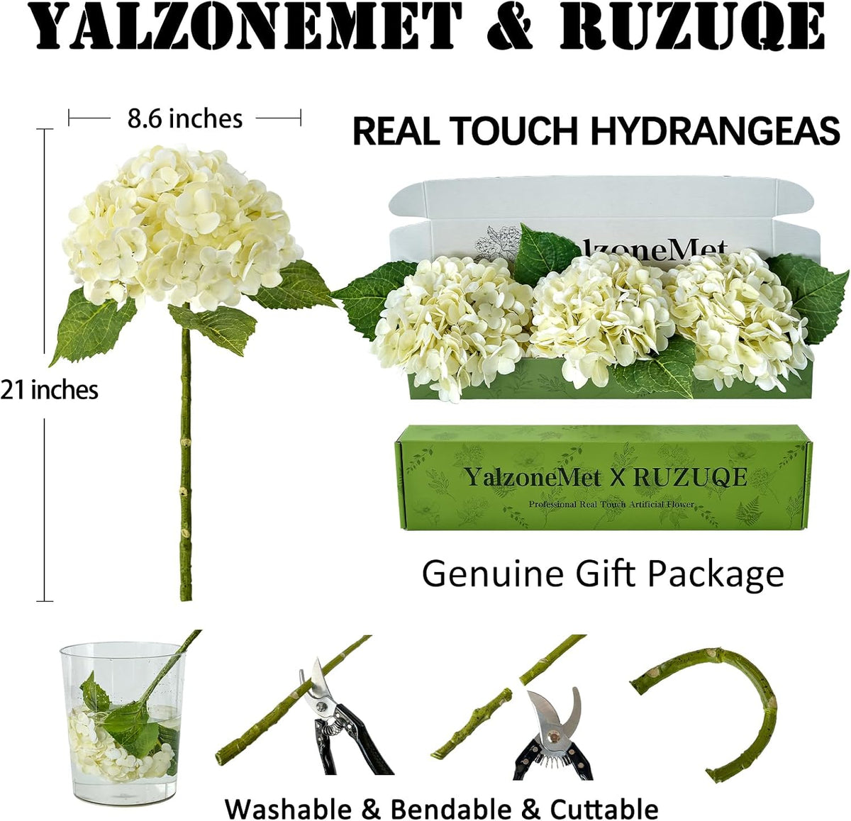 YalzoneMet 3 PCS Beige Creamy Hydrangea Artificial Flowers 21 inches Real Touch Faux Latex Hydrangea Flowers for Wedding Tables Centerpieces Fake Flowers for Party Home Kitchen Decor