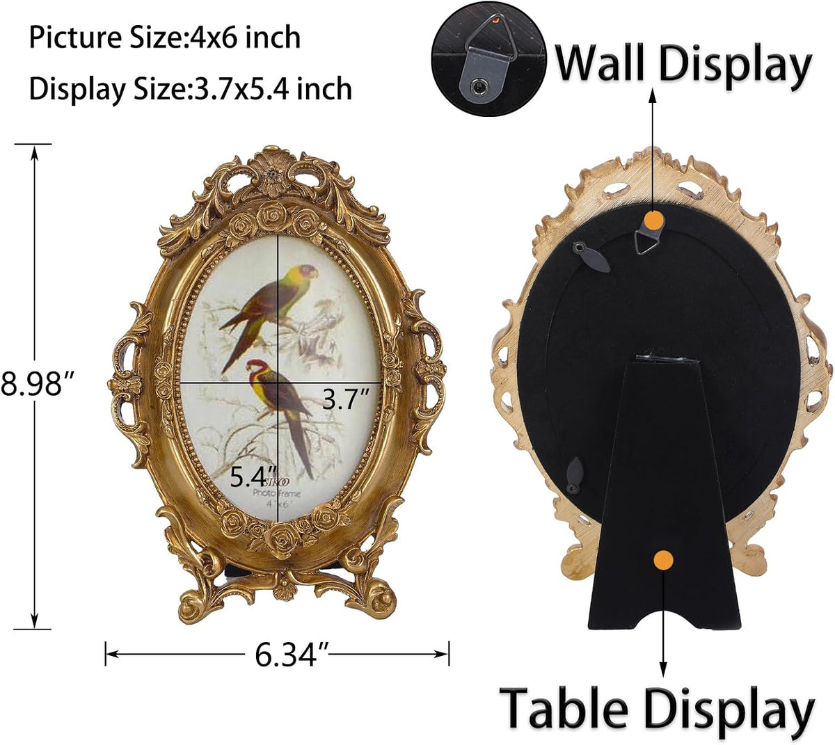 SIKOO Vintage Ornate 4x6 Gold Picture Frame Oval Antique TableTop Wall Mounting Photo Frame with High Definition Glass Front for Home Decor, Old-Fashioned Photo Gallery, Art,Gold