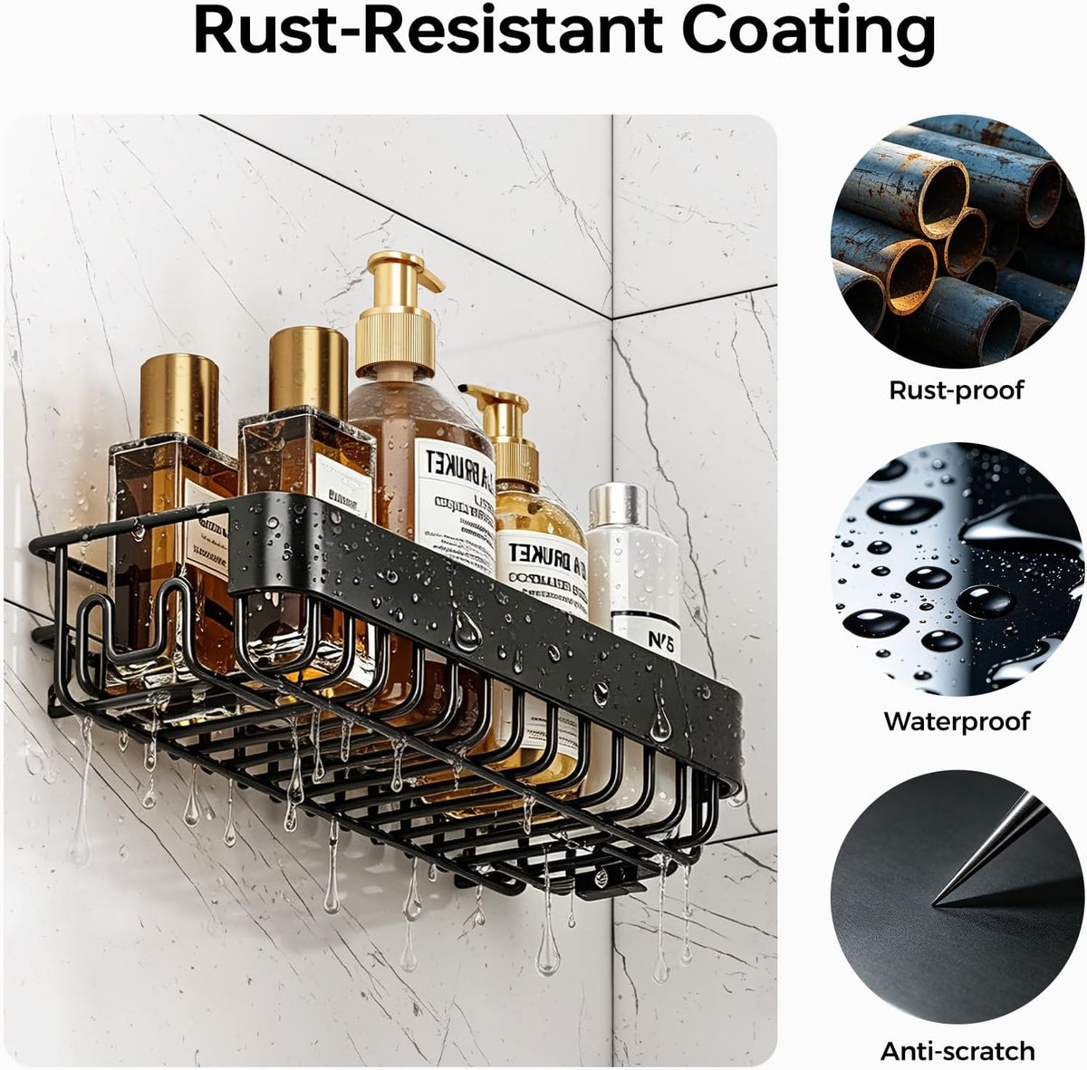 KINGRACK Shower Caddy Adhesive 4-Piece Rust-Resistant Shower Shelves, No-Drill Bathroom Shower Organizer with Large Capacity for Bathroom, Kitchen, and Laundry,Black