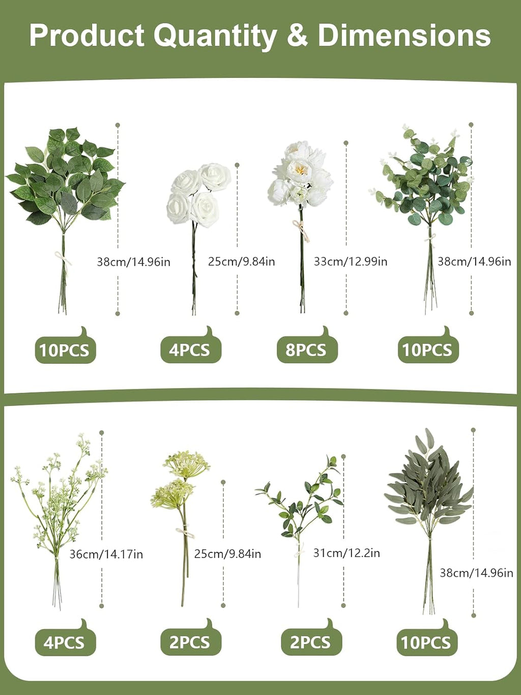 Artificial Wedding Greenery Filler Box Set 50Pcs with 8 Kinds Fake Greenery Stems for Centerpiece and Floral Arrangement Greenery Bouquet Filler(White Green)