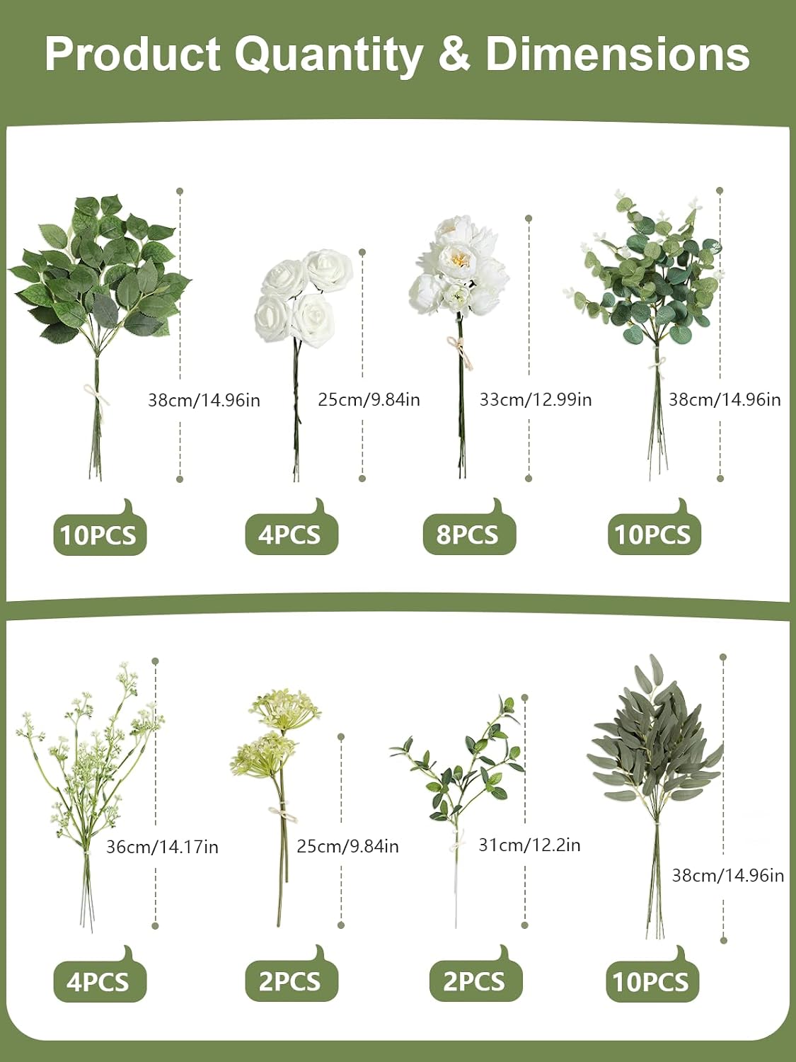 Artificial Wedding Greenery Filler Box Set 50Pcs with 8 Kinds Fake Greenery Stems for Centerpiece and Floral Arrangement Greenery Bouquet Filler(White Green)