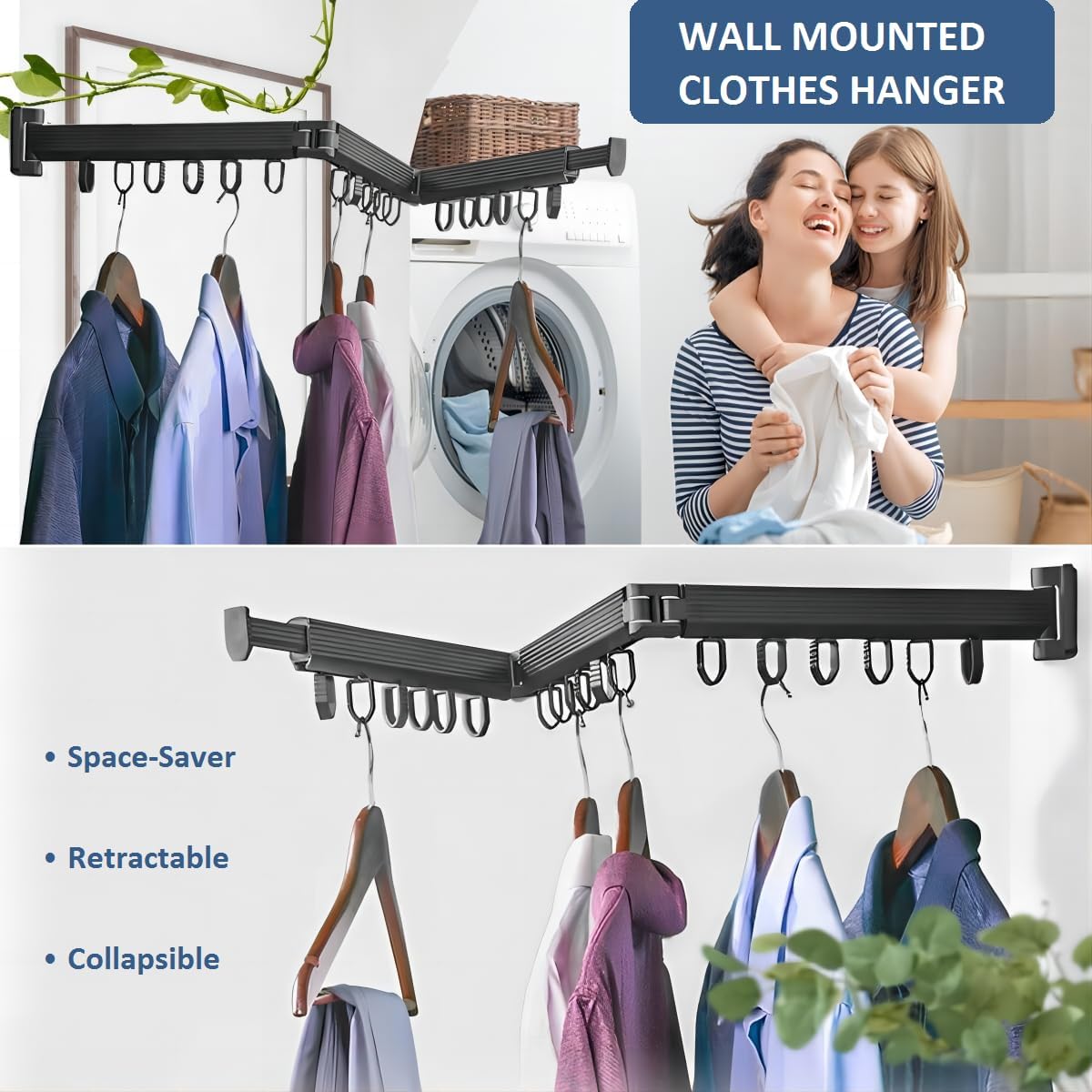 MANYHORSES Retractable Clothes Drying Rack,Wall Mounted Clothes Hanger Rack,Tri-Fold,Space-Saver,Collapsible Drying Racks for Laundry,Balcony,Mudroom,Bathroom (Windproof Ring-Black)