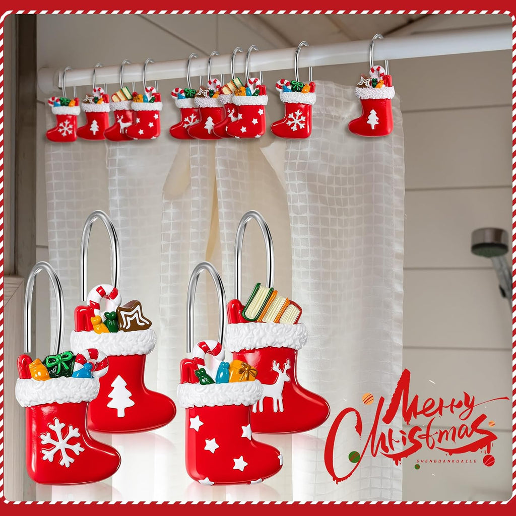 Yungyan 12 Pcs Christmas Shower Curtain Hooks Stocking Curtain Hangers