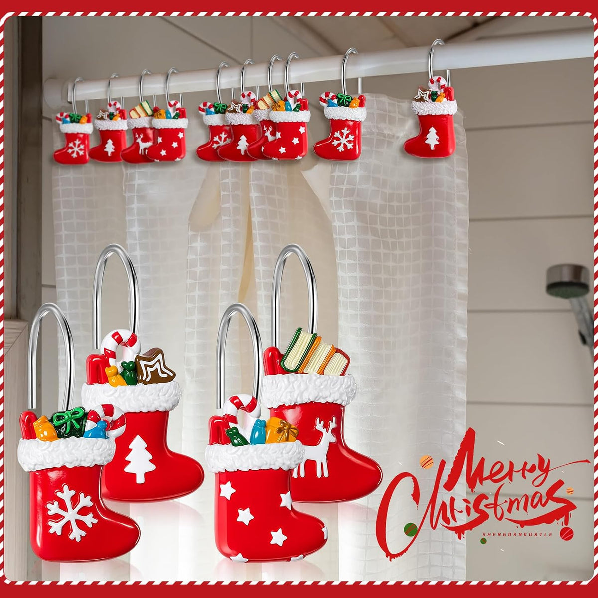 Yungyan 12 Pcs Christmas Shower Curtain Hooks Stocking Curtain Hangers