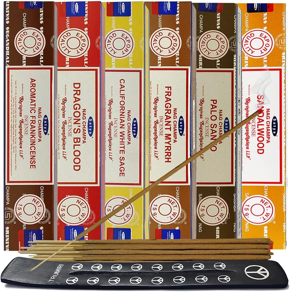 Satya Incense Sticks Variety Pack #10 and Holder Bundle with 6 Classic Fragrances Sandalwood Dragon's Blood Palo Santo White Sage