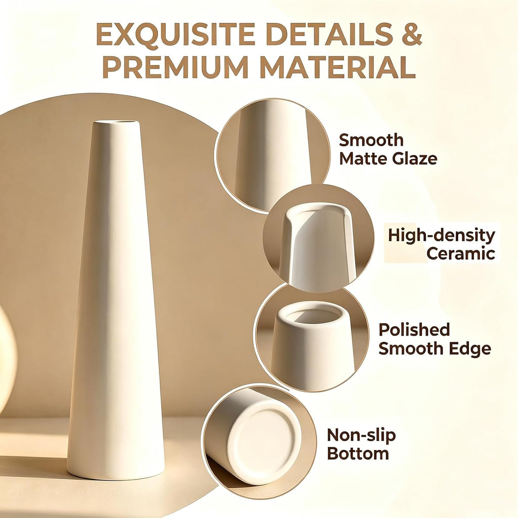 White Tall Conic Ceramic Flower Vase Decorative Floral Vase Taper Vase Table Top Small Narrow Neck Vases for Home Wedding Table Bedroom Living Room Office Desk