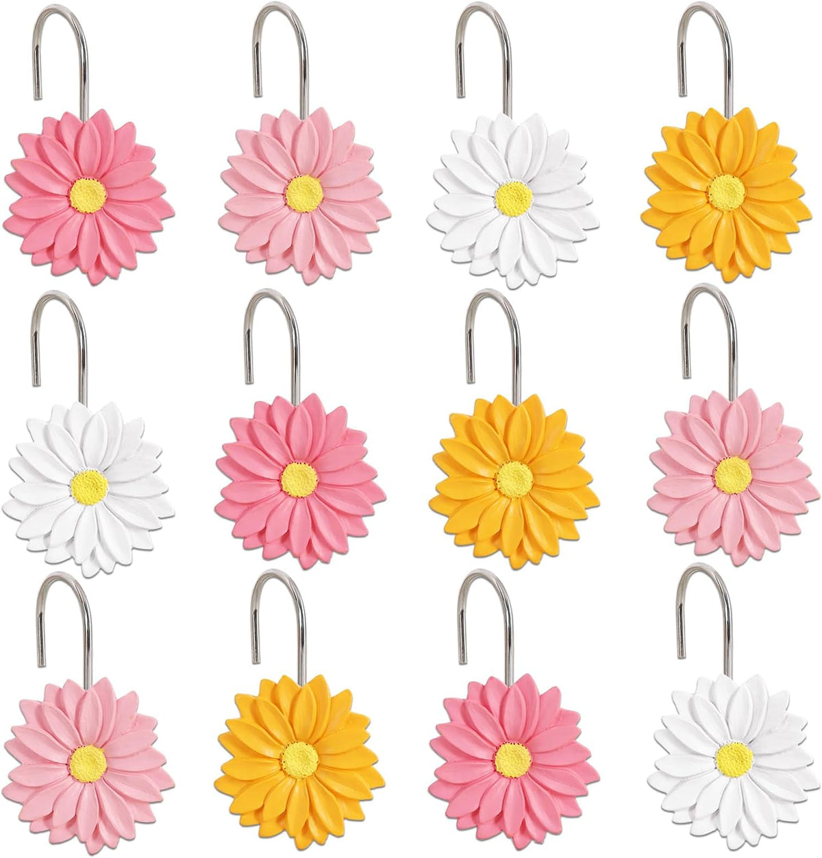 12-Piece Flowers Daisy Floral Shower Curtain Hooks for Bathroom