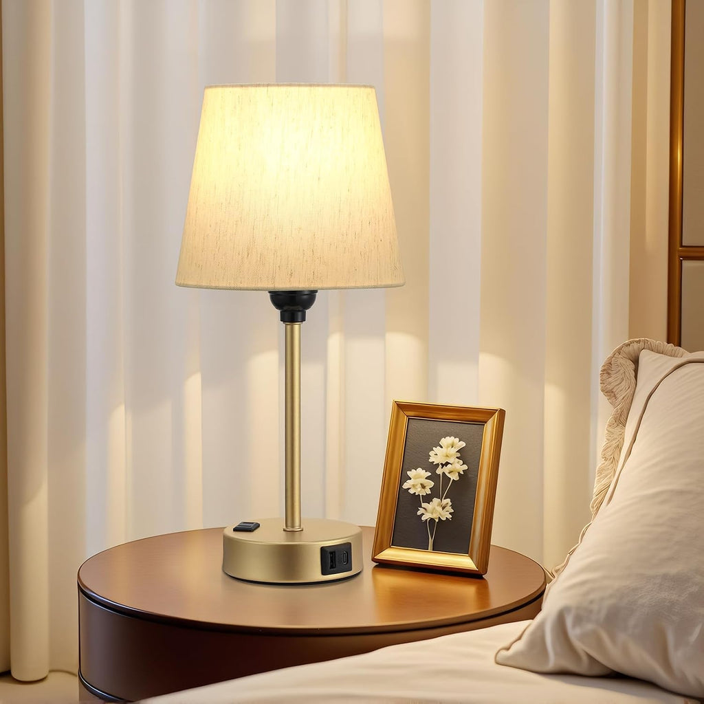 Gold Bedside Lamps Set 2 for Bedroom - Dimmable Touch, USB C+A, AC Outlet