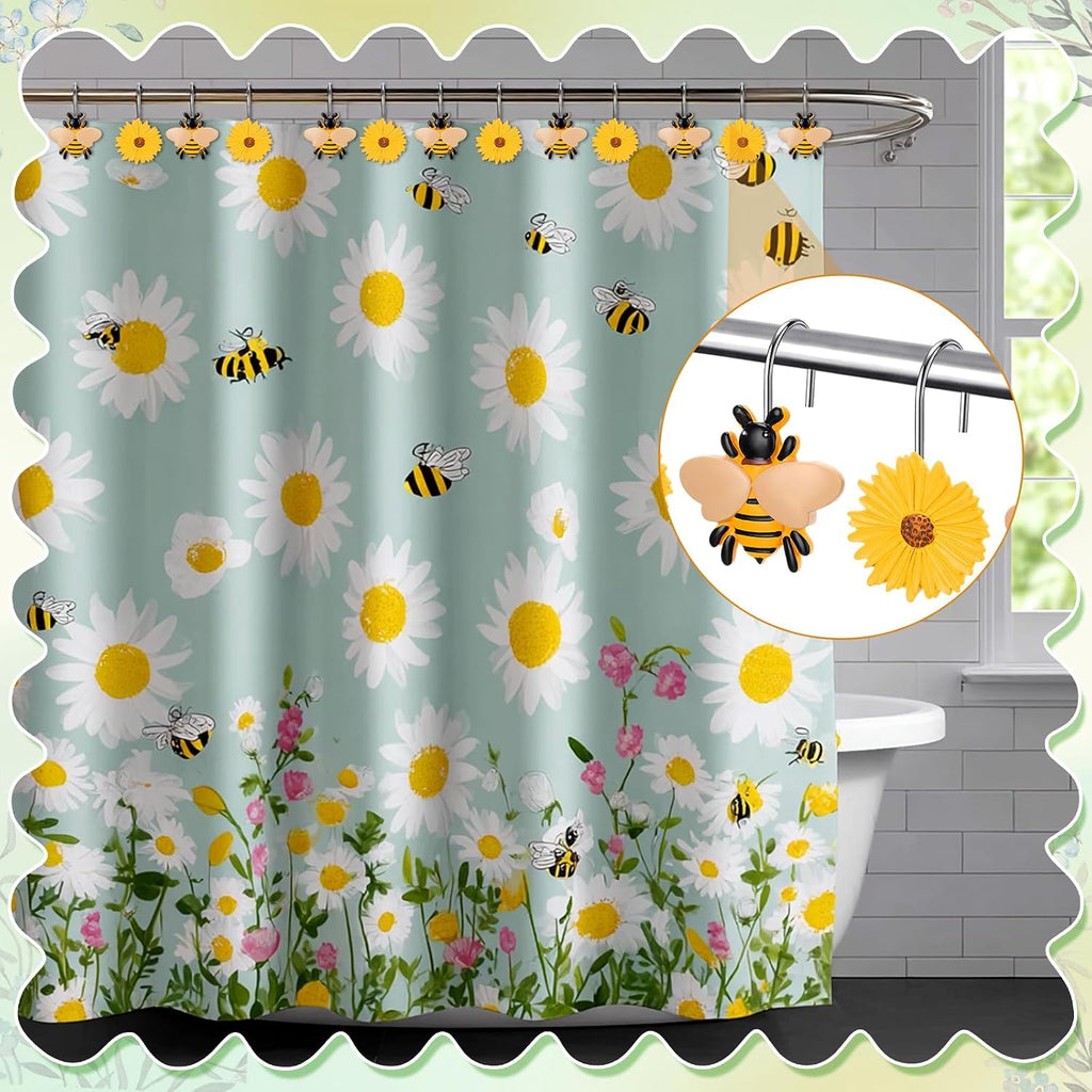 Thyle 12 Pcs Spring Daisy Flower Bee Shower Curtain Hooks, Spring Flower Resin Ornament Rings Cute Yellow Shower Curtain Hooks Decorative Rings for Home Holiday Wedding Bathroom Bedroom Accessories