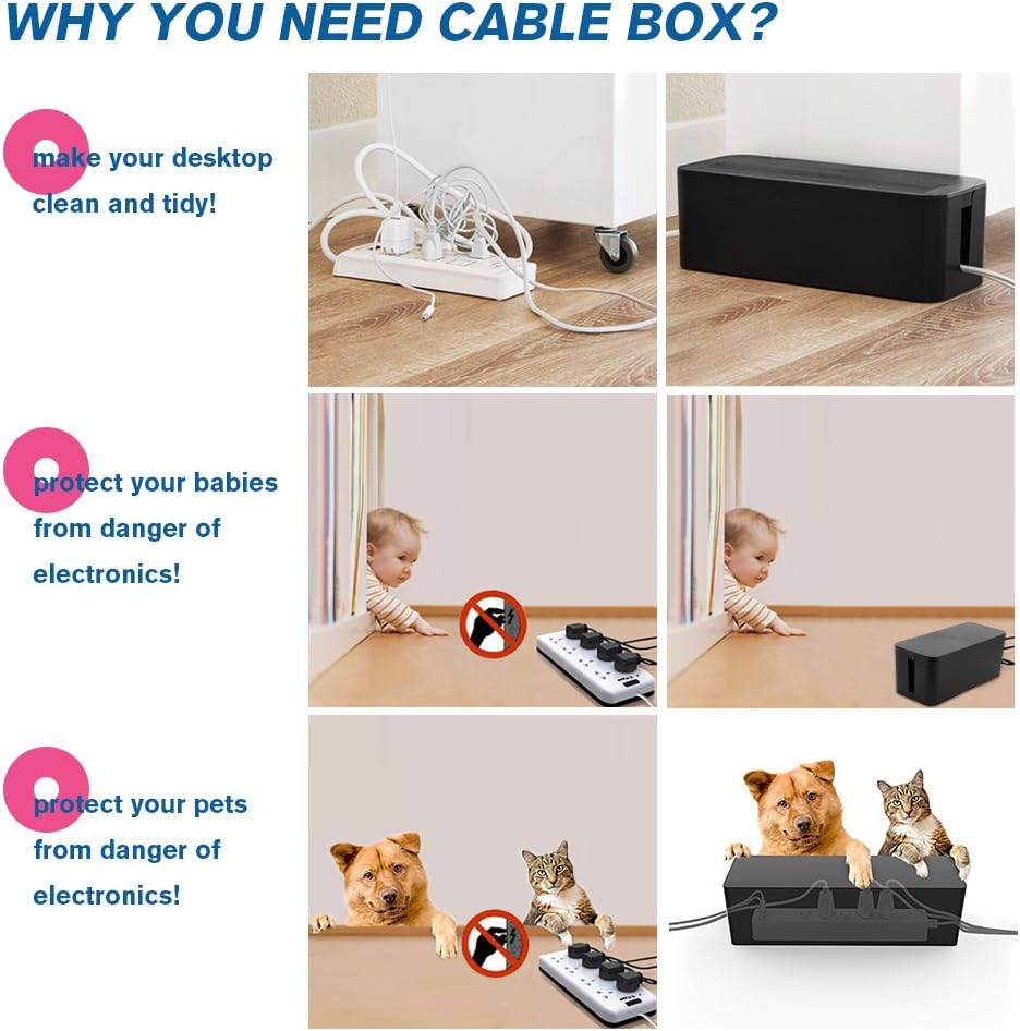ShellKingdom Cable Management Box, 3 Pack Cable Organizer for Cable Cord Management, Storage and Holder to Cover and Hide & Power Strips & Cords (Black 3 Set)