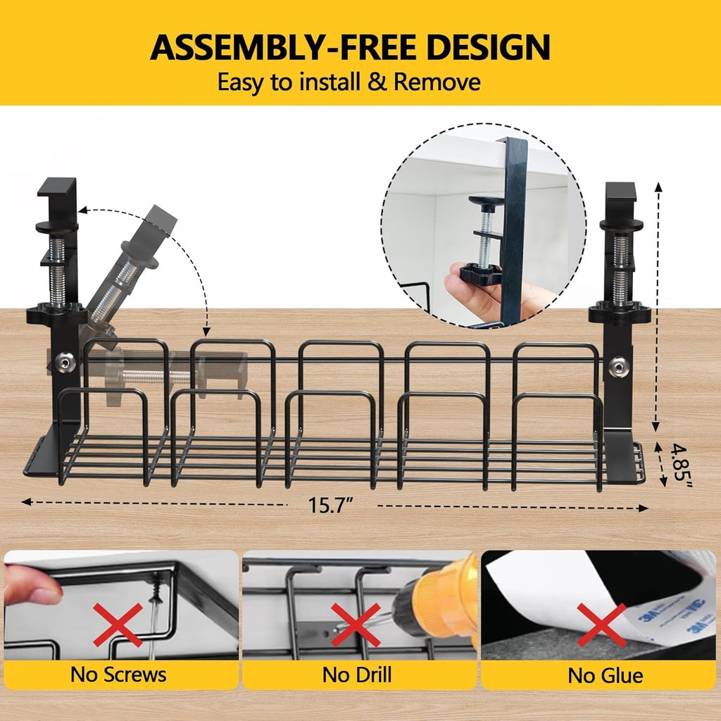 15.7 Inch Under Desk Cable Management Tray - Black No Punch Wire Organizer Holder, Sturdy Metal Rack for Power Strip, Desk Cable Organizer for Home, Office, Standing Desk, Gaming & Streaming Setup
