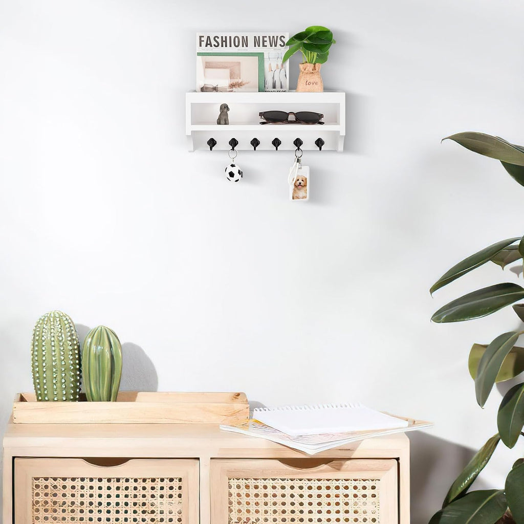 Nekon Key Holder Wall Mount, Pine Wooden Mail Organizer, White