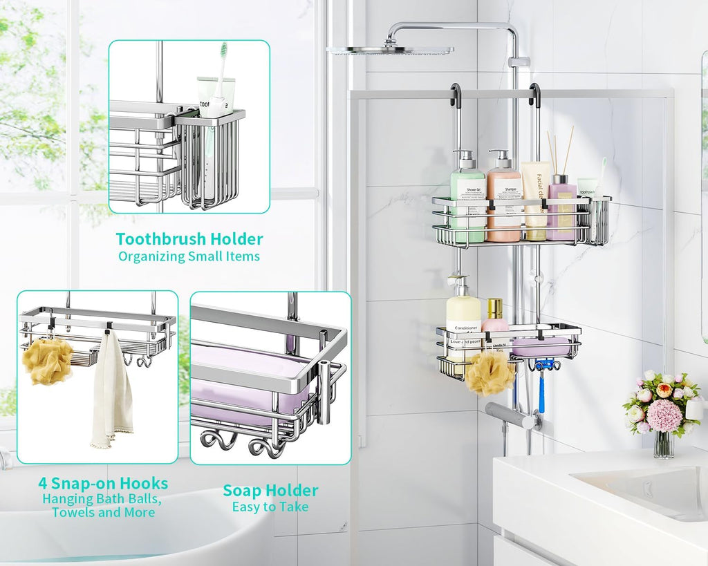 HapiRm Hanging Shower Caddy Organizer - No Drilling Shower Shelves with Hooks and Toothbrush Holder, Rustproof 304 Stainless Steel Bathroom Organizer - Silver