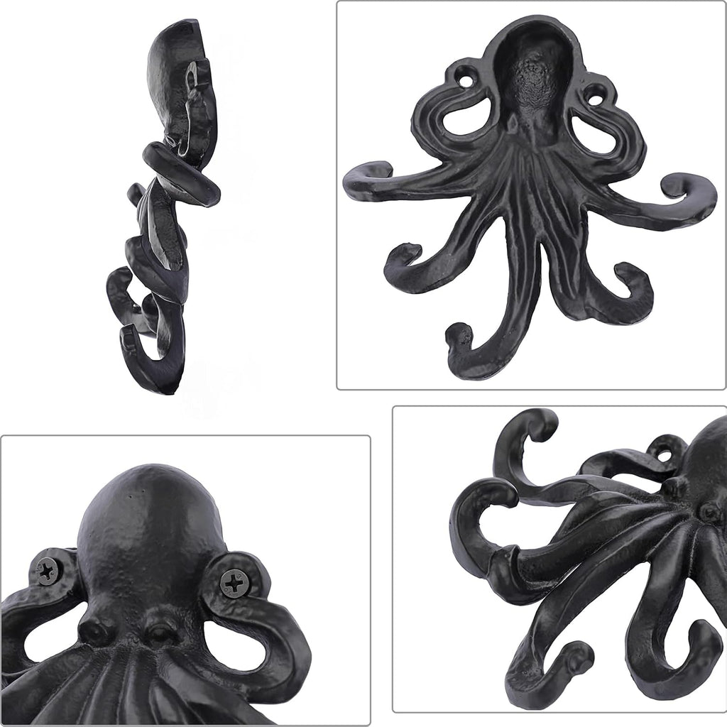 Sumnacon 6 Inch Cast Iron Octopus Coat Hook - Rustic Metal Wall Rack for Key Towel Bag, Hat Scarf with Screws, Decorative Duty Clothing Hanger for Bedroom Bathroom Kitchen Balcony Entry Door, Black