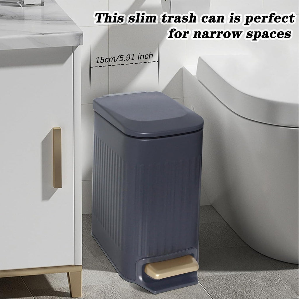 Soddeph Small Narrow Bathroom Trash Can with Lid Bathroom,1.6 Gallon Stainless Steel Wastebasket with Lid Soft Close,Slim Trash Can with Removable Inner Bucket for Toilet, Bedroom,Office (Gray)