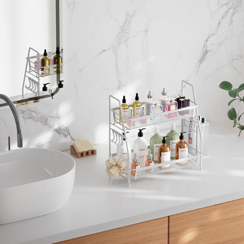 2 Tier Bathroom Countertop Organizer, Vanity Storage Shelf, Small, White